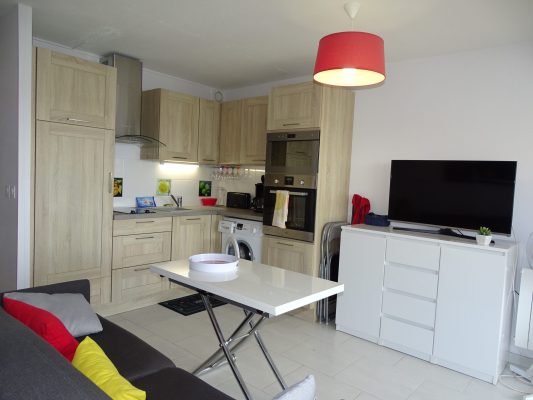 Location vacance au Cap d'Agde : appartement au Cap d'Agde réf 8 : vue de la cuisine et du séjour